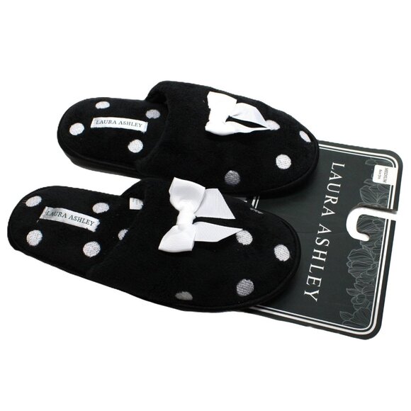 Laura Ashley Ladies Embroidered Soft Terry Scuff Slipper Black White 6.5-7.5 - Picture 1 of 5
